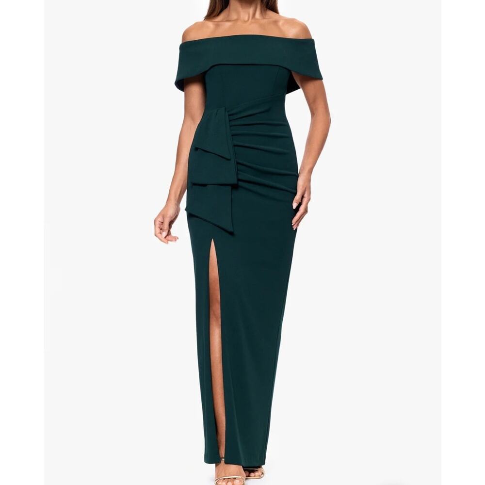 Xscape Off-Shoulder Maxi Dress in Dark Green New with tags
